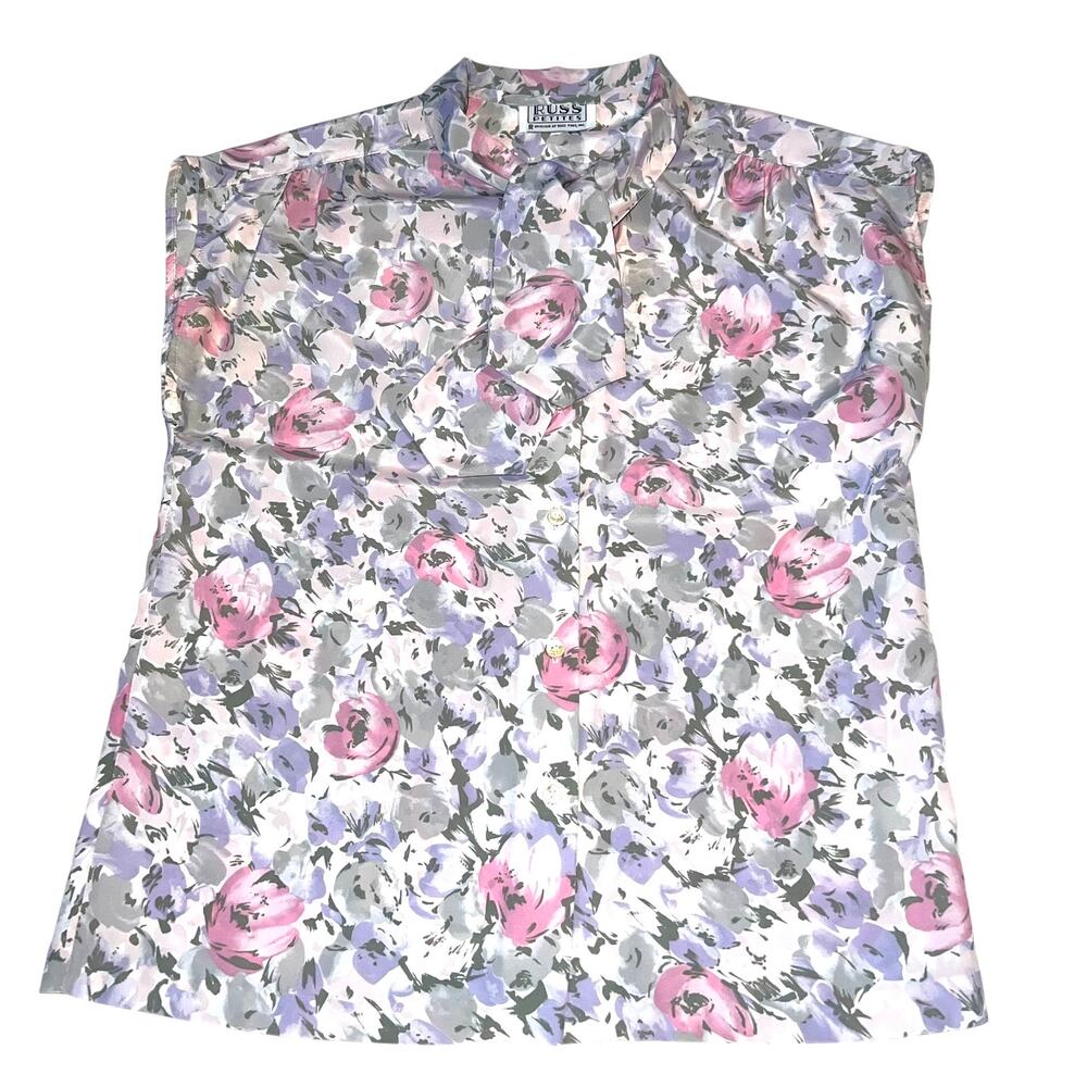 Vintage 80’s Cap Sleeve Button Front Cravat Bow Blouse Russ Petites Florals PM